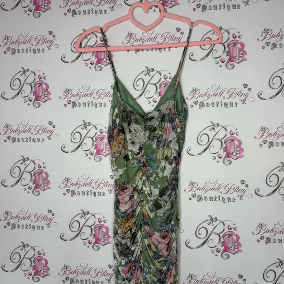 Mind code dress cinched stretchy mesh sexy flowers π Floral Green Dress - Picture 9 of 10